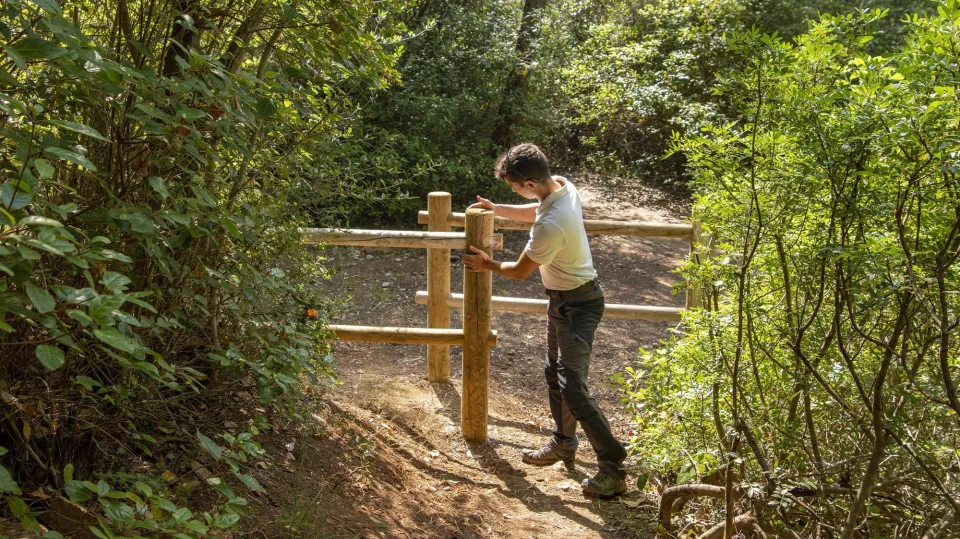 Un écogarde répare un dispositif en bois sur le secteur La Ripelle - Le Revest-les-Eaux