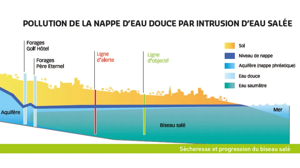 Coupe schématique mécanisme réalimentation pollution de la nappe sécheresse