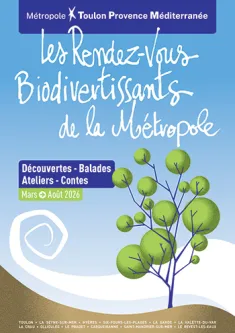Couverture du programme des RDV Biodivertissants de la Métropole sur la période mars à août 2026. On y voit une illustration dans les tons de verts d'un arbre stylisé sur un fond bleu clair avec une vague blanche.
