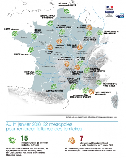 Carte des 22 métropoles françaises